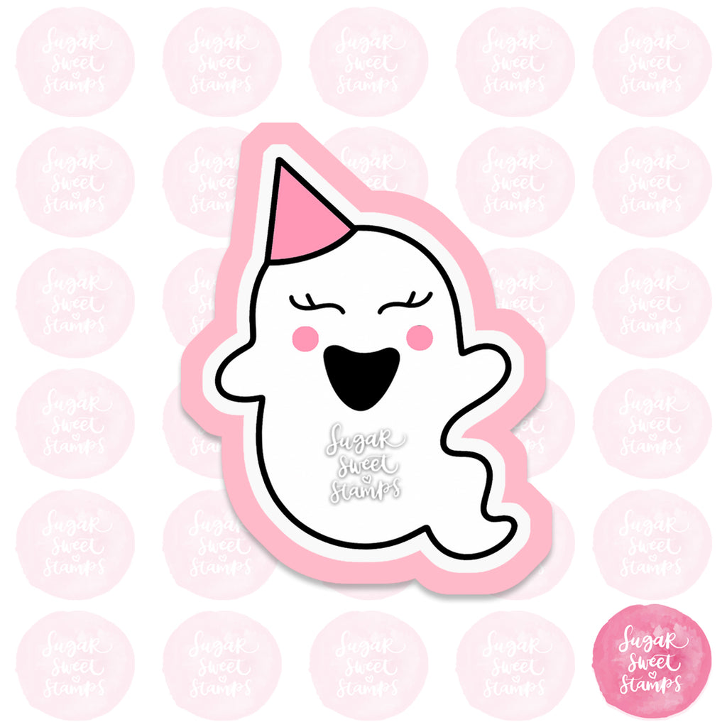 Sticker of a ghost with a pink party hat on a pink background with 'Sugar Sweet Stamps' branding.